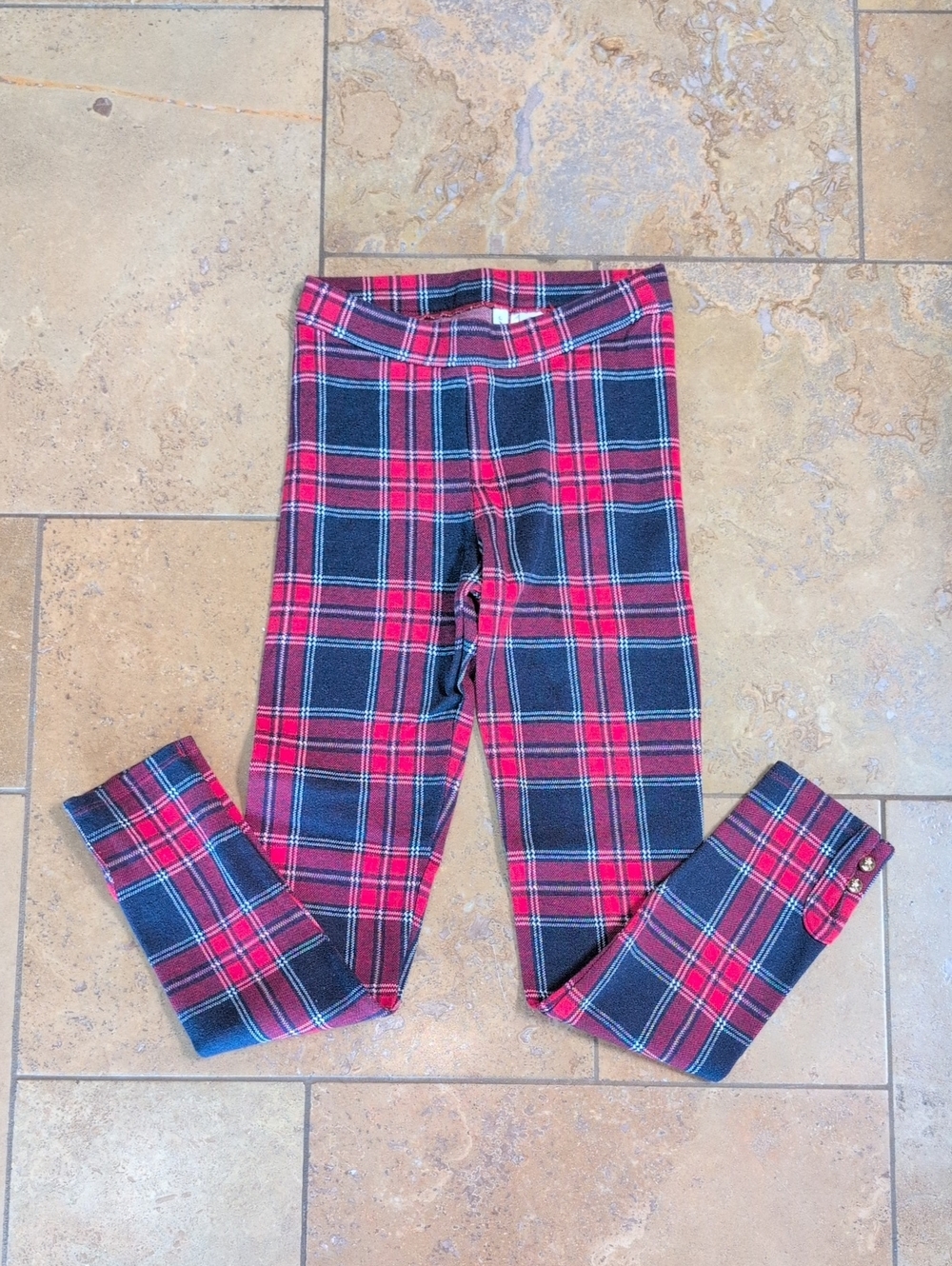Janie and Jack girl plaid leggings. Red, navy and white. Size 10.